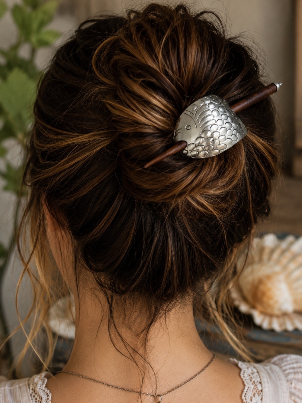 Silver Narwhal Hair Stick Wood Hair Fork Bun Pin Mermaid Cottagecore Boho